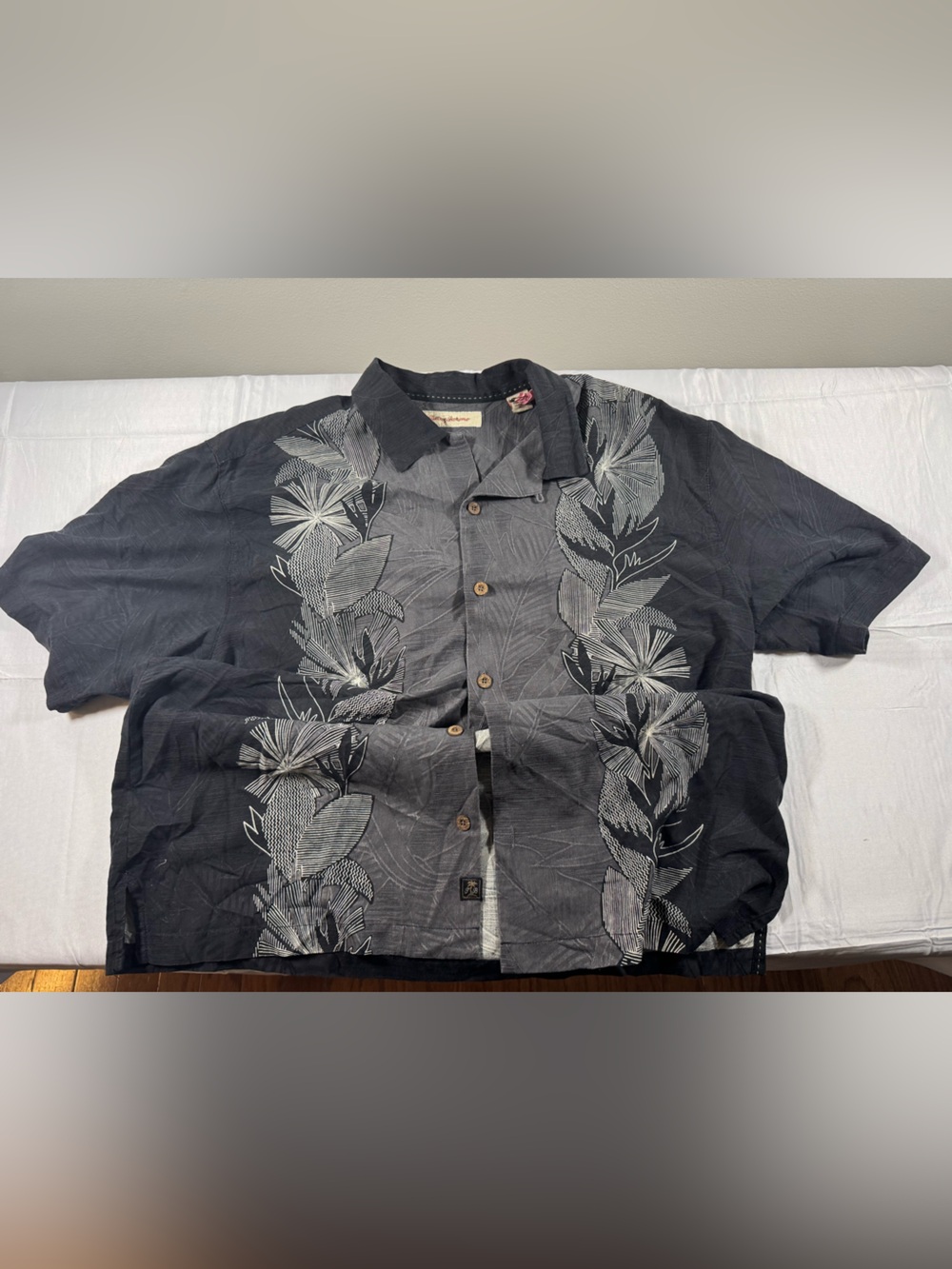 Tommy Bahama Black Hawaiian Button-Up Shirt with Leaf Print